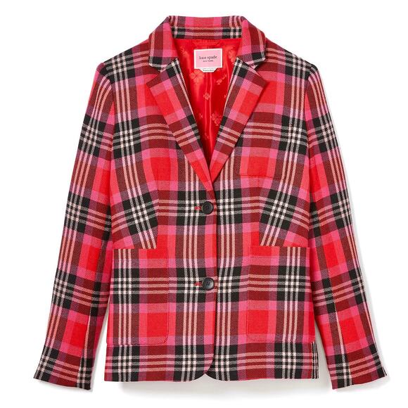 KATE SPADE $428 Wool Blend Fall Red & Black Plaid Stripe Blazer Jacket – Size 8 - Picture 4 of 16